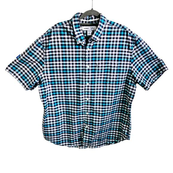 Old Navy Men's Size XL The Oxford Shirt Blue Aqua Checkered Plaid Flex Stretch - Picture 1 of 5